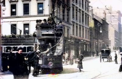 A Tramcar heading for the International Exhibition at Kelvingrove Park is just turning into Sauchiehall Street from Renfield Street Glasgow 1901
