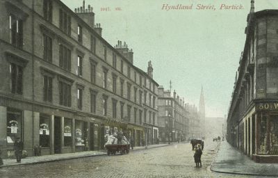 A postcard showing Hyndland Street c 1910 looking north from Dumbarton Road to Hyndland Road.
