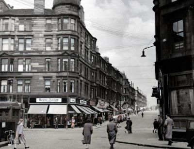 A view from Partick Bridge Street, looking North across Partick Cross to Byres Road., Glasgow 1955
