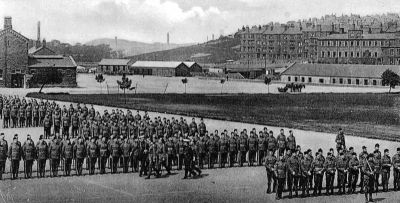 Old photograph of soldiers at Maryhill Barracks in Glasgow
