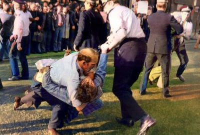 Police grapple with demonstrators during the National Front demo in Glasgow, 24th May 1975
