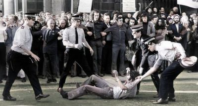 Police grapple with demonstrators during the National Front demo in Glasgow, 24th May 1975
