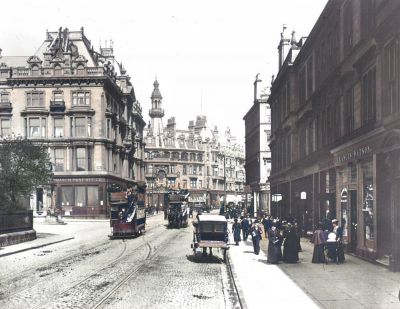 Sauchiehall Street, looking east towards Charing Cross Mansions, probably in the late 1890s.
