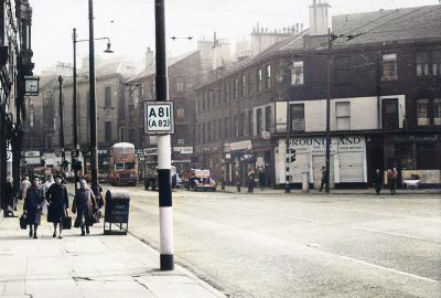 Street scene at the South end of Garscube Road, looking South East along Cowcaddens Street towards the City Centre with New City Road leading off to the right, Glasgow  1964
