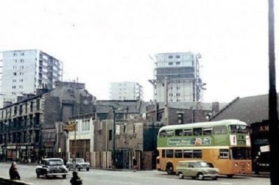 The view of what was left of the old Roxy Cinema, and the Wyndford Estate, formerly Maryhill Barracks, under construction, circa 1963- Vintage Glasgow
