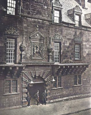 Three Students pose at the University of Glasgow Gatehouse on High Street, Glasgow 1870
