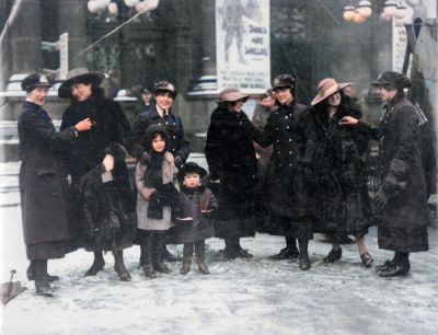 Tram Conductresses  outside the City Chambers in George Square on a Snowy Day, Glasgow 1917
