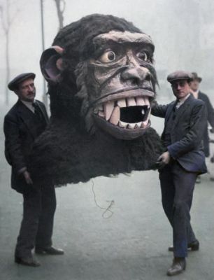 Two Men with a giant Gorilla Head which has been made for a Pantomime in Glasgow 11th December 1933
