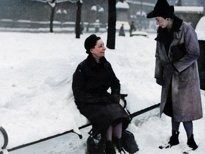 Two Young Ladies Enjoying The Snow In George Square, Glasgow 1942
