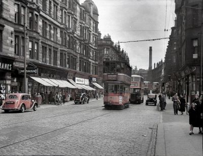View looking East along Dumbarton Road to Partick Cross, Glasgow 1955.
