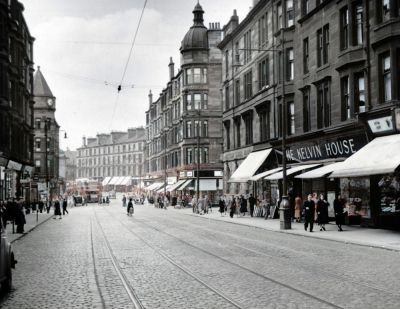 View looking West along Dumbarton Road to Partick Cross and beyond, Glasgow  1955
