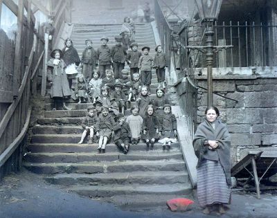 Woman and Group of Children on Steps at Wood Street, Port Dundas, Glasgow  1910

